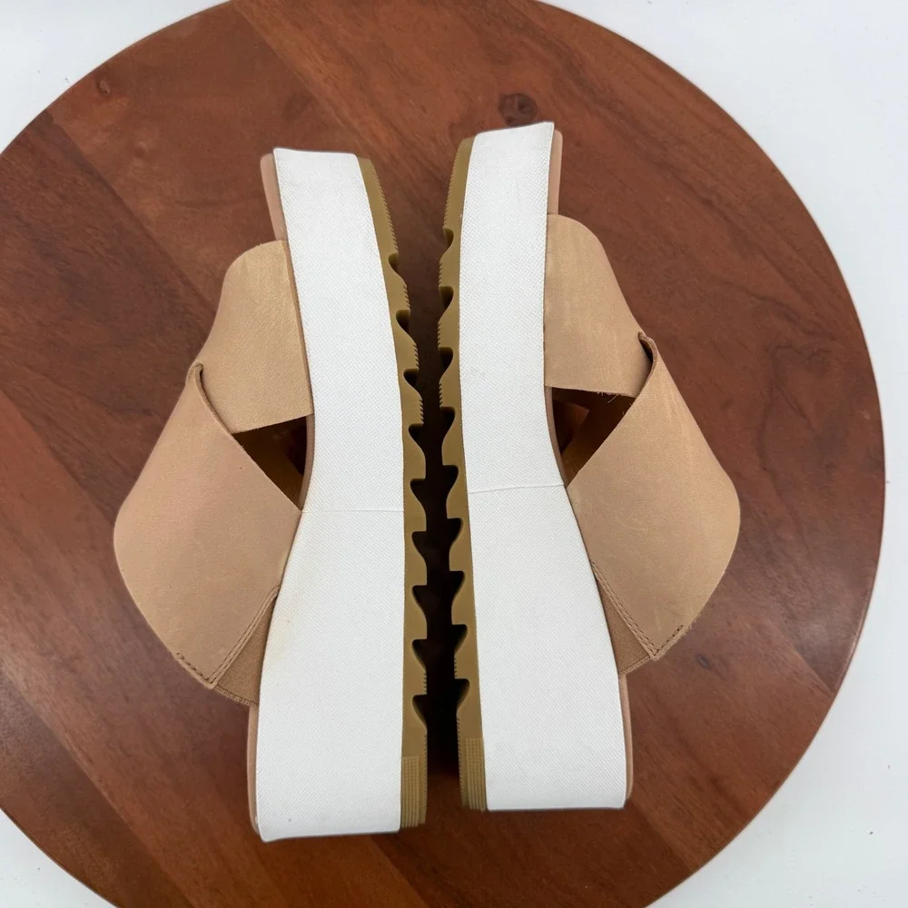 Sorel Cameron Flatform Slide Womens Beige‎ Leather Cross Strap Summer Sandals 9